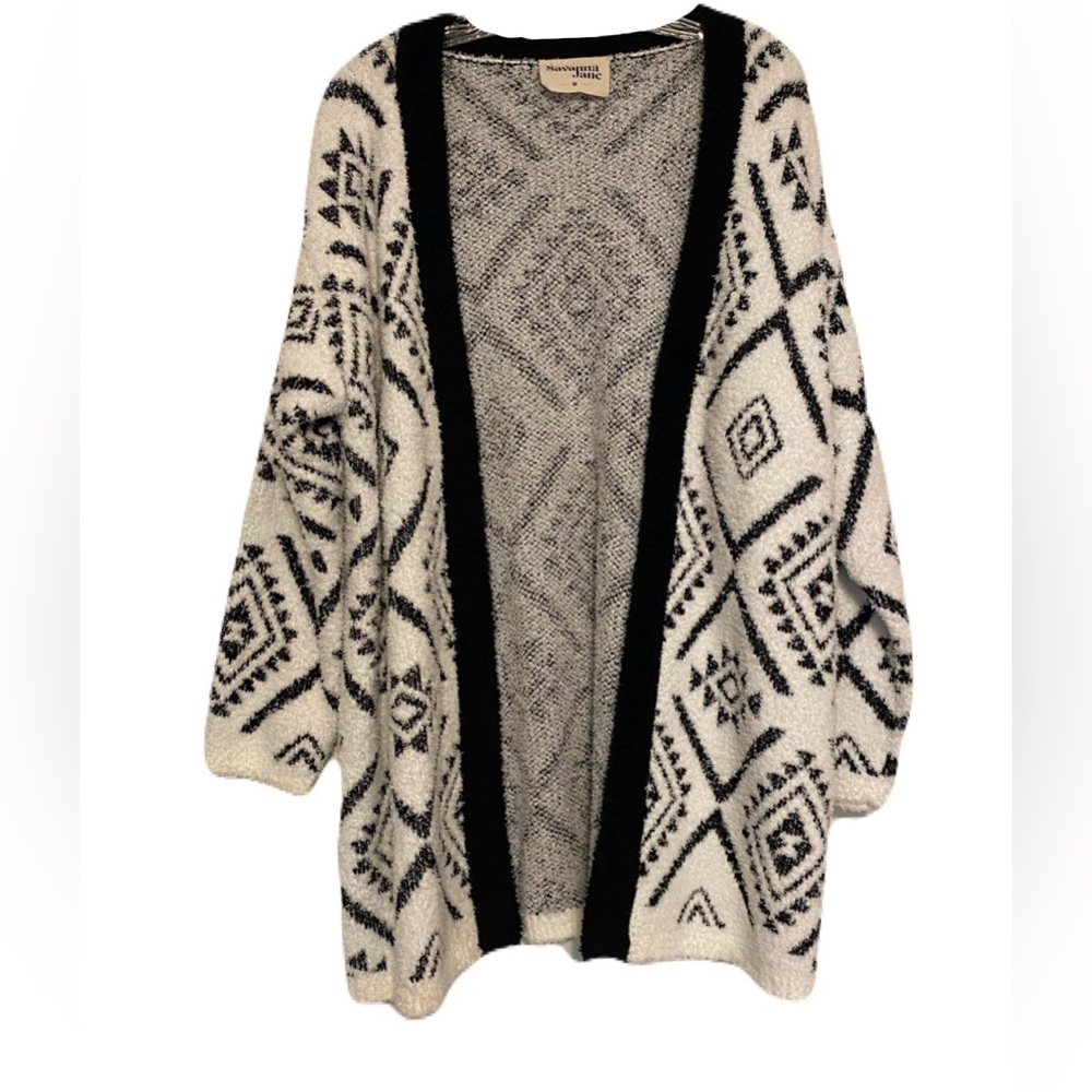 Savanna Jane Black White Fuzzy Cardigan Medium Long Aztec Abstract Soft NWOT